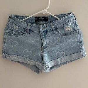 Hollister Women's Heart Patterned Light Blue Jean Shorts